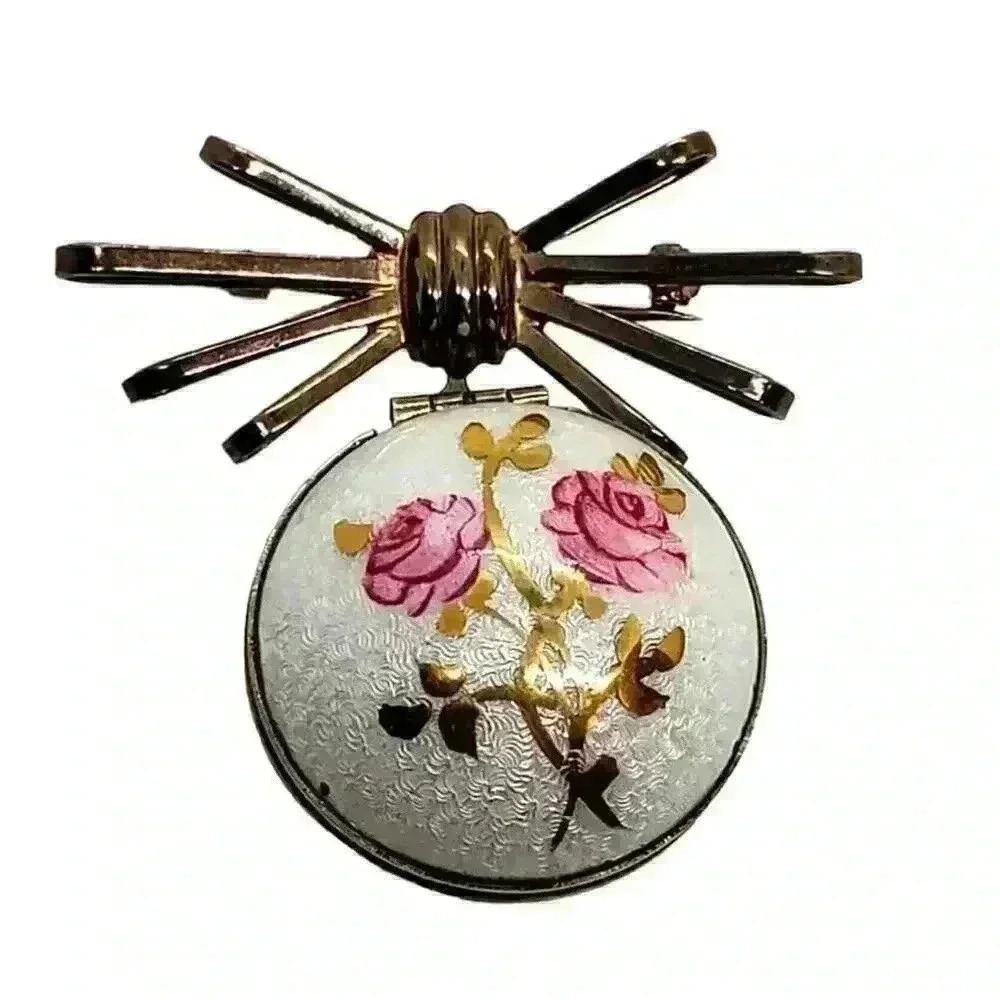 Vintage Brooch Double Locket Guilloche Roses NOS Ball & Ribbon Bow 12k Gold GE